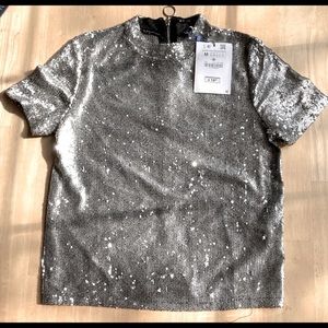 Zara Silver Sequin Zipper Back Top